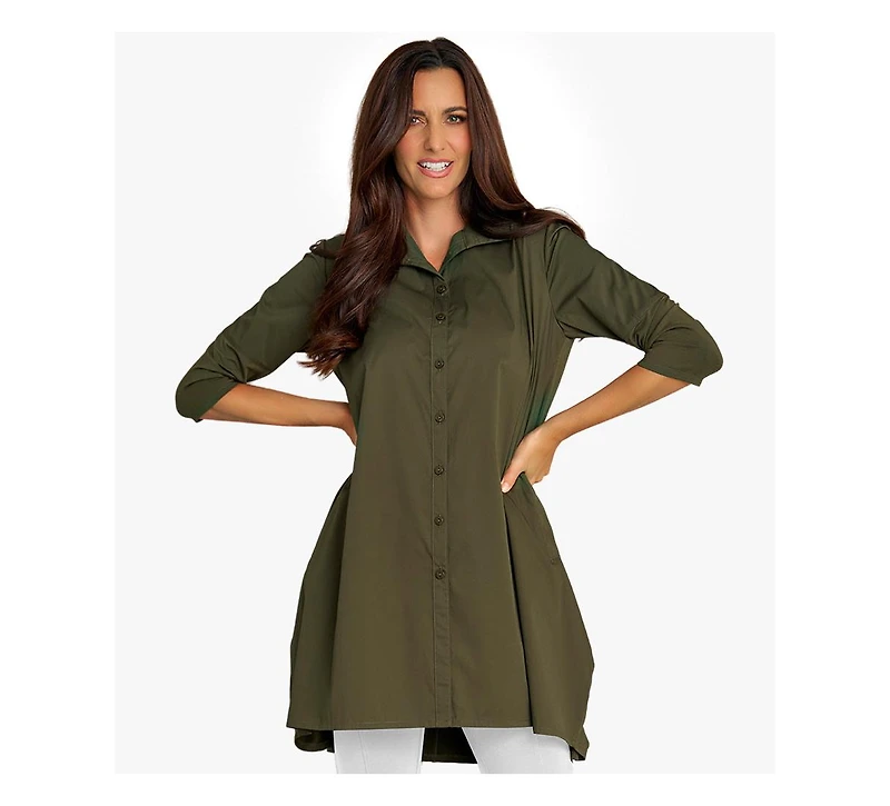 Stella Carakasi Women's 3/4 Sleeve Button-Front Cotton Poplin And Jersey Shirt Top Tiburon Tunic Icon