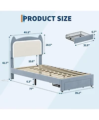 gaomon Twin Upholstered Led Bed Frame with Storage Drawer and Cat Headboard, Velvet Princess Platform Bed for Kids