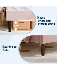 gaomon Twin Upholstered Led Bed Frame with Cat Headboard, Velvet Platform Bed Frame for Kids, Sturdy Slats