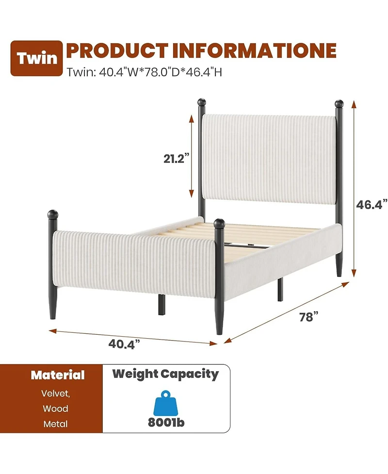 gaomon Twin Bed Frame with Velvet Headboard, Upholstered Corduroy Platform, Wood Slats Support