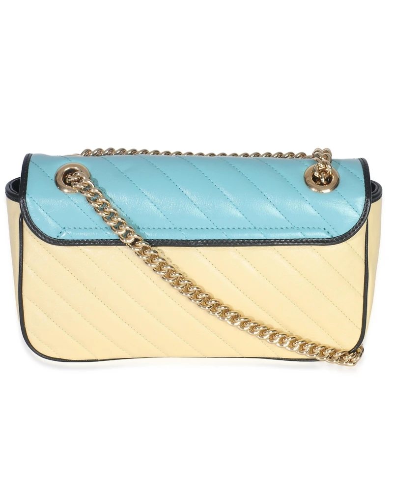 Pre-Owned Gucci Blue Yellow Calfskin Matelasse Diagonal Torchon Small Gg Marmont Bag