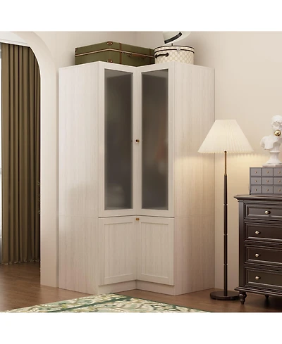 Famapy Corner Wardrobe Closet with 2 Glass Doors, Armoire with Hanging Rod
