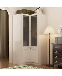 Famapy Corner Wardrobe Closet with 2 Glass Doors, Armoire with Hanging Rod