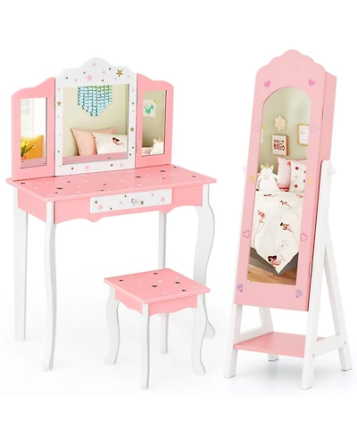 Sugift Two Piece Kids Vanity and Jewelry Armoire with Full Mirror
