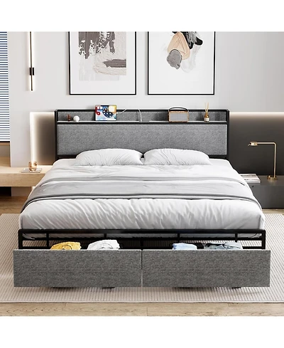 gaomon Platform Bed Frame with Storage Drawers and Usb Ports, Upholstered Headboard, Sturdy, Noise-Free, No Box Spring Needed