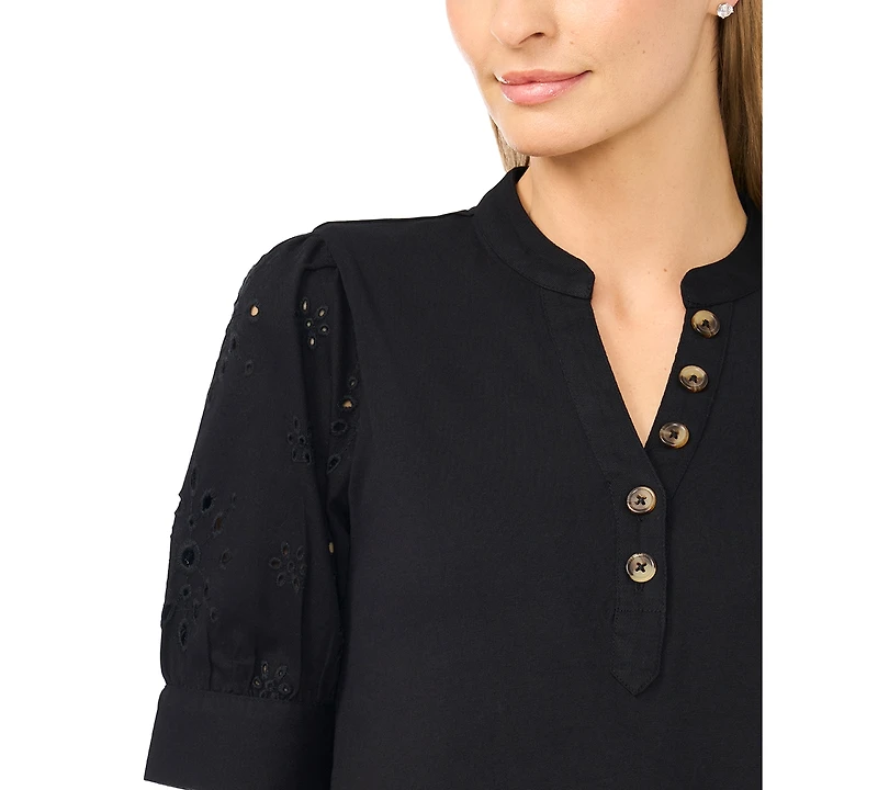 CeCe Women's Henley Puff-Sleeve Cotton Top