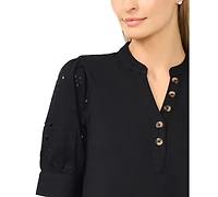 CeCe Women's Henley Puff-Sleeve Cotton Top