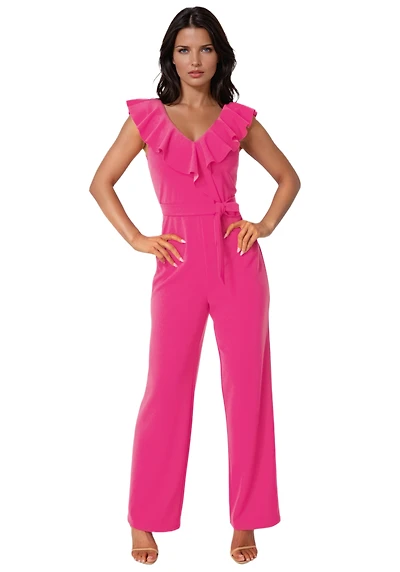 Bebe Womens V-Neck Ruffle Scuba Crepe Jumpsuit
