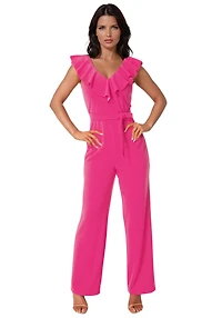 Bebe Womens V-Neck Ruffle Scuba Crepe Jumpsuit