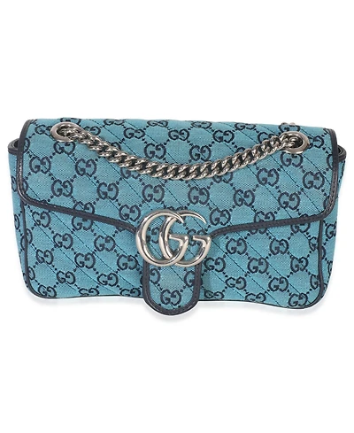 Pre-Owned Gucci Blue Matelasse Canvas Diagonal Small Gg Marmont Shoulder Bag