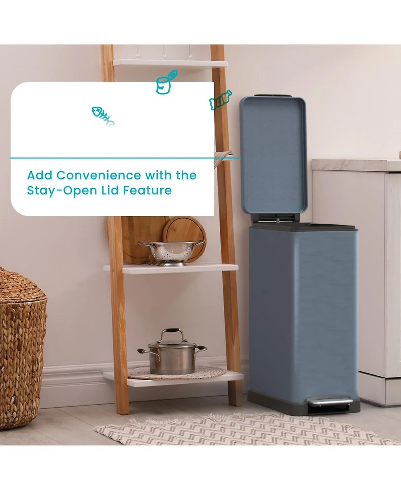Home Zone Living 12 Gallon Slim Kitchen Trash Can with Soft Close Lid, Removable Liner, and Bag Tuck Band, Slate Blue