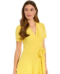 London Times Petite Eyelet Faux-Wrap Midi Dress