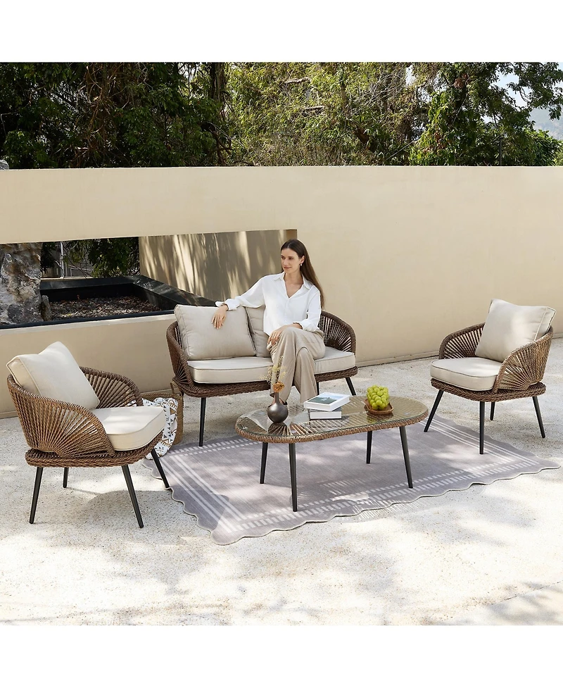 Tribesigns 4-Piece Outdoor Wicker Patio Conversation Seating Set with Coffee Table, Weather-Resistant Cushions, Patio Furniture Set for Garden, Deck