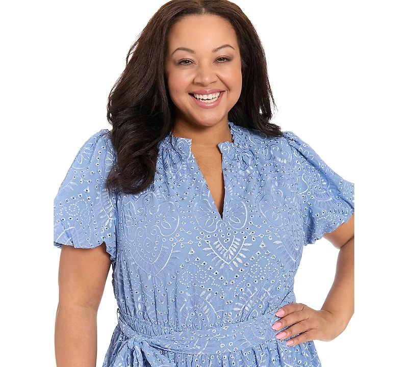 London Times Plus Short-Sleeve Notch Neck Midi Dress