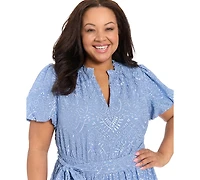 London Times Plus Short-Sleeve Notch Neck Midi Dress