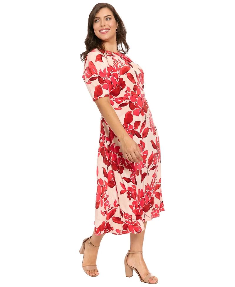 London Times Plus Short-Sleeve Keyhole Neck Midi Dress