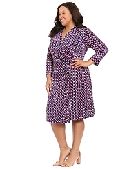 London Times Plus 3/4-Length-Sleeve V-Neck Dress