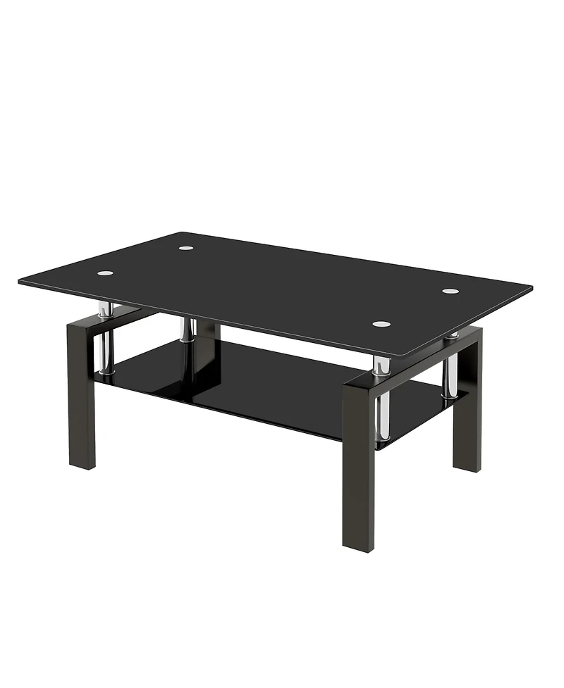 Rainsken Rectangle 2-Tier Glass Coffee Table, Modern Small Center Table with Storage and Metal Legs for Living Room