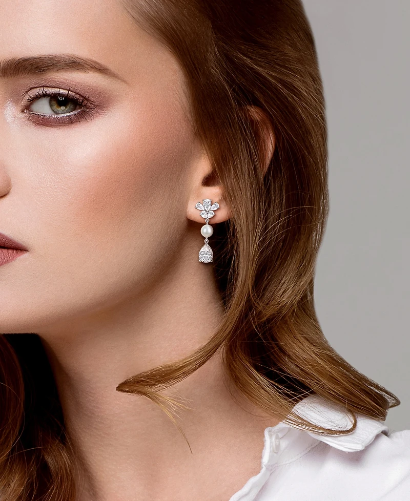 Macy's Cultured Freshwater Pearl & Created White Sapphire (8-7/8 ct. t.w.) Drop Earrings in Sterling Silver