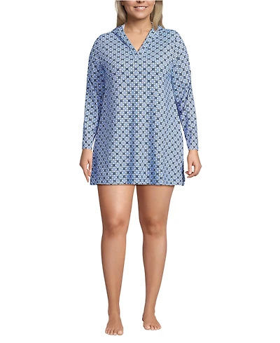Lands' End Plus SunShade Upf 50 Hooded Mini Swim Cover-Up Dress