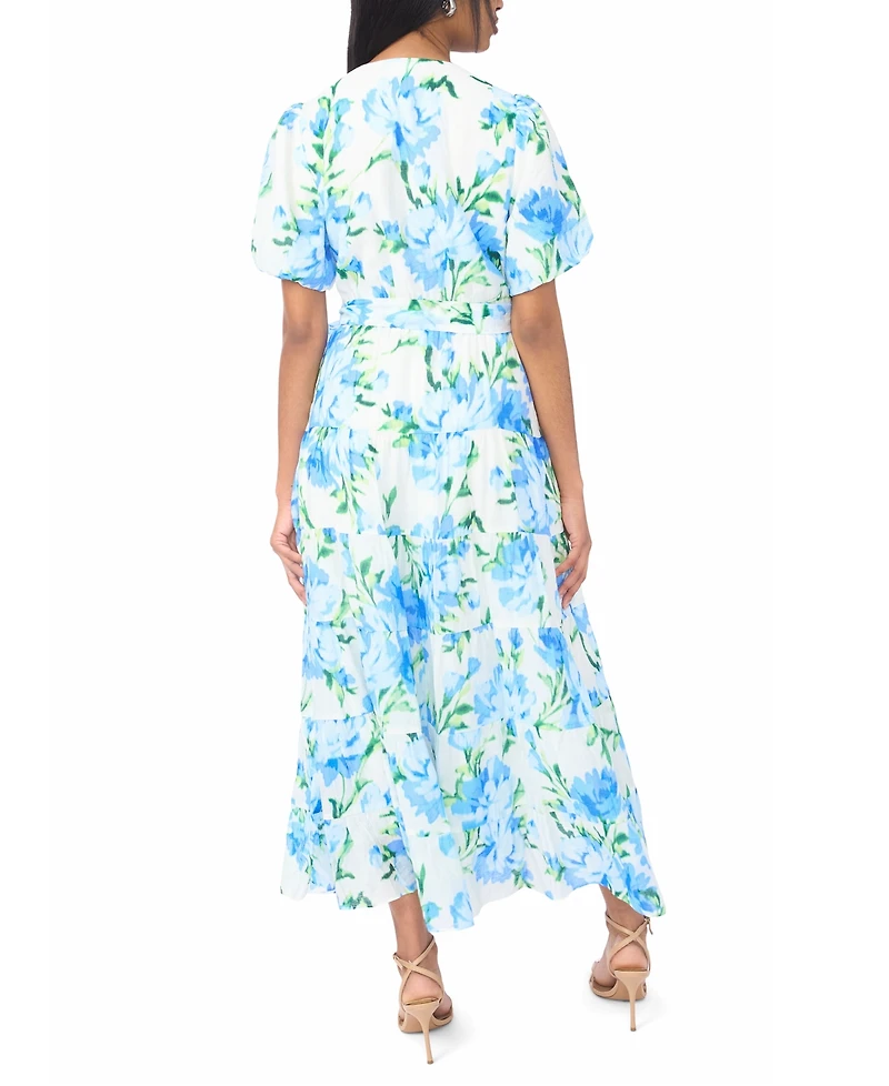 Msk Women's Faux Wrap V-Neck Tie-Waist Tiered Maxi Dress