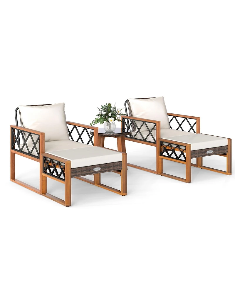 Gymax 5 Pcs Pe Rattan Conversation Set w/Acacia Wood Table Chairs w/Ottomans Outdoor