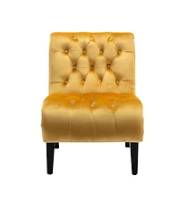 Rainsken Modern Velvet Accent Chair, Upholstered Fabric Button Reading Chaise with Tufted Back, Wooden Legs and Rolled Edge Design for Living Room