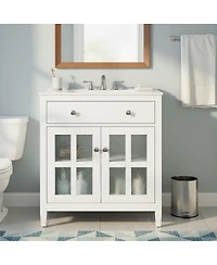 Sillysis 30" Bathroom Vanity with Sink, Modern Solid Wood Cabinet Textured Glass Doors, Flip-Out Tray & Adjustable Shelf