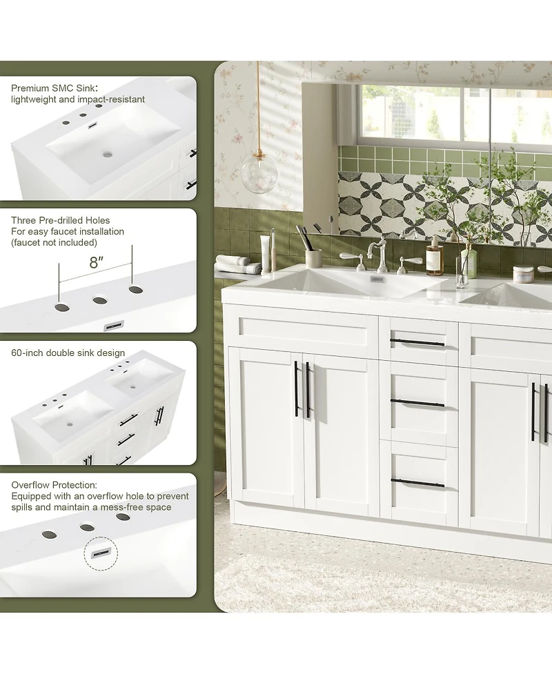 Sillysis 59.3" Double Sink Bathroom Vanity with Smc Integrated Basin, Soft Close Drawers & Adjustable Shelf for Large Bathrooms