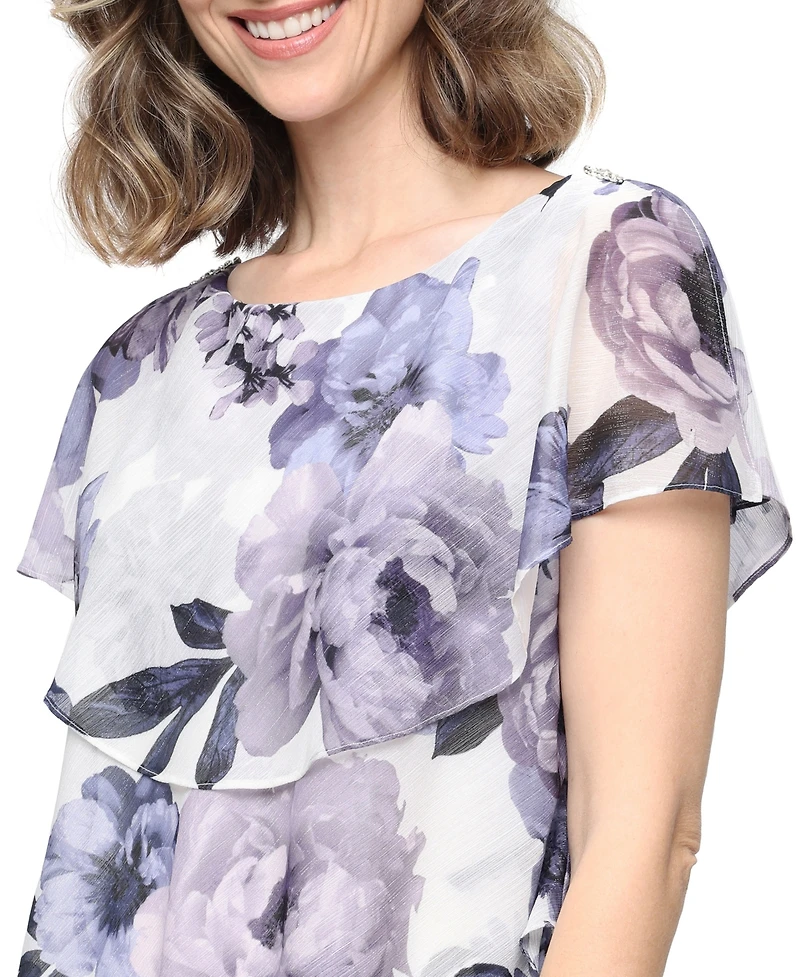 Sl Fashions Women's Printed Crewneck Tiered Midi Dress