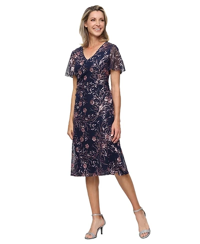 Sl Fashions Petite V-Neck Floral Sequin A-Line Dress