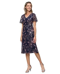 Sl Fashions Petite V-Neck Floral Sequin A-Line Dress