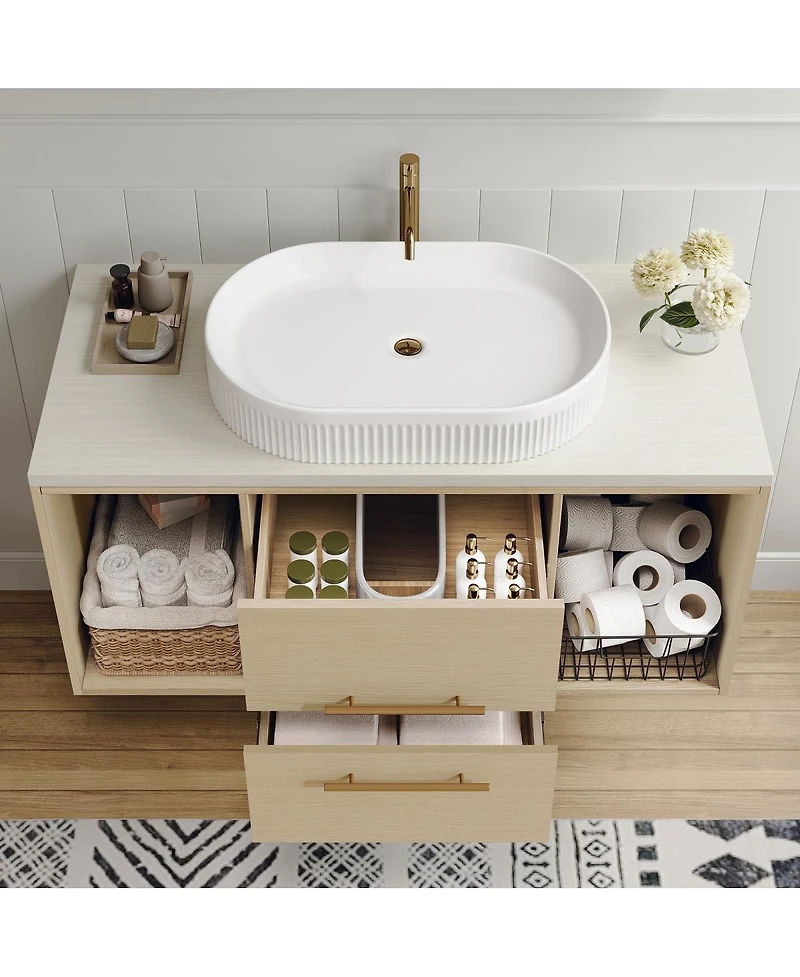 Sillysis 39.3" Modern Wall-Mount Bathroom Vanity with Oval Ceramic Sink, Solid Wood Floating Cabinet & Soft-Close Drawers
