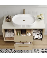 Sillysis 39.3" Modern Wall-Mount Bathroom Vanity with Oval Ceramic Sink, Solid Wood Floating Cabinet & Soft-Close Drawers