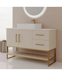Sillysis 47.2" Bathroom Vanity with Ceramic Vessel Sink, Gold Stainless Steel Frame & Open Shelf, Modern Oak Freestanding Cabinet