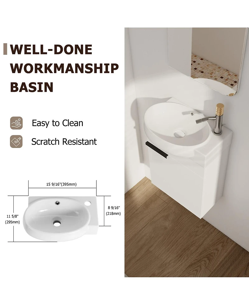 Sillysis 17" Wall-Mounted Modern Bathroom Vanity with Ceramic Sink, Black Chestnut Plywood Cabinet & Soft Close Door for Small Spaces