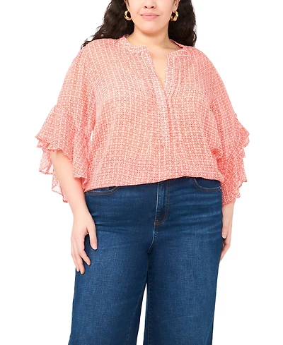 Vince Camuto Plus Pin Tuck Flutter-Sleeve Henley Blouse