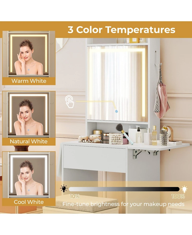 Sugift Space-Saving Vanity Desk with Mirror and Lights for Bedroom