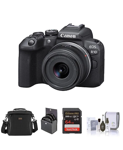 Canon Eos R10 Mirrorless Camera with Rf-s 18-45mm f/4.5-6.3 Is Stm Lens, Bundle with Memory Card, Shoulder Bag, 49mm Filter Kit and Cleaning Kit