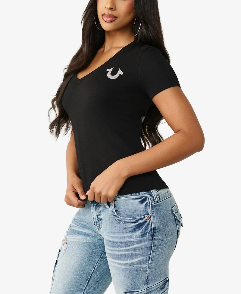 True Religion Women's Crystal Buddha V-Neck T-Shirt