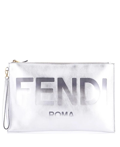 Pre-Owned Fendi Large Logo Flat Wristlet Pouch Embossed Leather