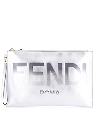 Pre-Owned Fendi Large Logo Flat Wristlet Pouch Embossed Leather