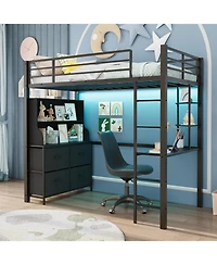 gaomon Loft Bed with Desk, 4 Large Fabric Drawers and 2 Storage Shelves, Heavy Duty Metal Led Lights & Charging Sation, Safety Guard