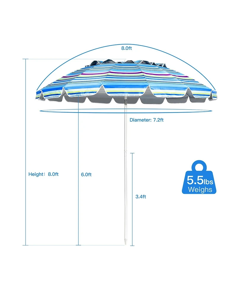 Sugift 8FT Portable Beach Umbrella with Sand Anchor and Tilt Mechanism for Garden and Patio