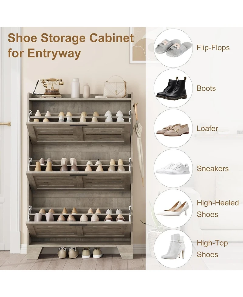Homfan Shoe Cabinet Storage for Entryway, Narrow with 3 Flip Drawers, Freestanding Hidden Slim Organizer Hooks