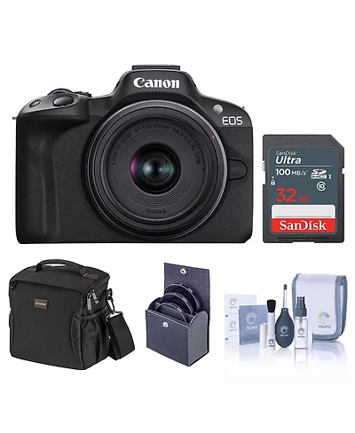 Canon Eos R50 Mirrorless Camera, Black with Rf-s 18-45mm f/4.5-6.3 Is Stm Lens, 32GB Sd Card, Shoulder Bag, 49mm Filter Kit, Cleaning Kit