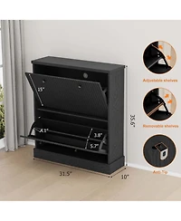 Homfan Fluted Shoe Cabinet with 2 Flip Drawers, Hidden Wooden Adjustable Shelf, Freestanding Storage