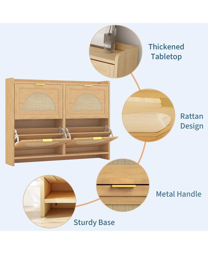 Homfan Rattan Shoe Storage Cabinet with 4 Flip Drawers, Free Standing Wooden Shoe Storage Organizer Cabinet with Adjustable Shelves