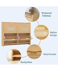 Homfan Rattan Shoe Storage Cabinet with 4 Flip Drawers, Free Standing Wooden Shoe Storage Organizer Cabinet with Adjustable Shelves