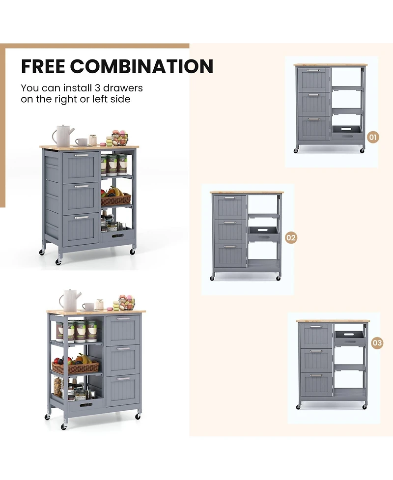 Sugift Kitchen Island Cart with Wood Top Drawers and Removable Tray